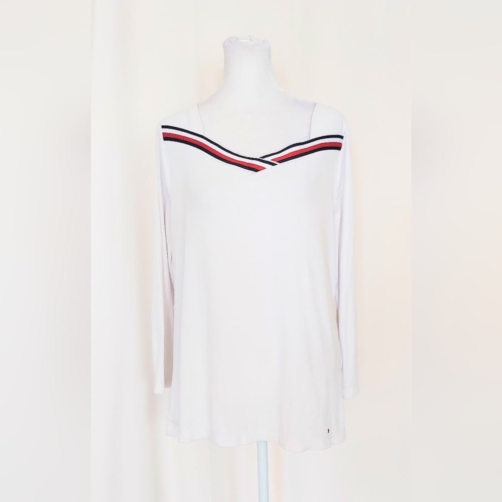 Tommy Hilfiger Square Neck 3/4 Sleeve Stripe Top Size Large White Stripe